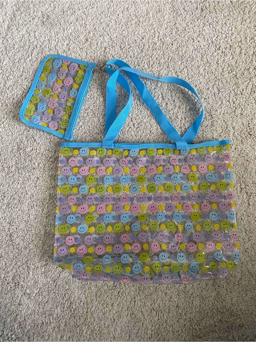 Blue Smiley-Print Clear Tote Bag with Matching Pouch